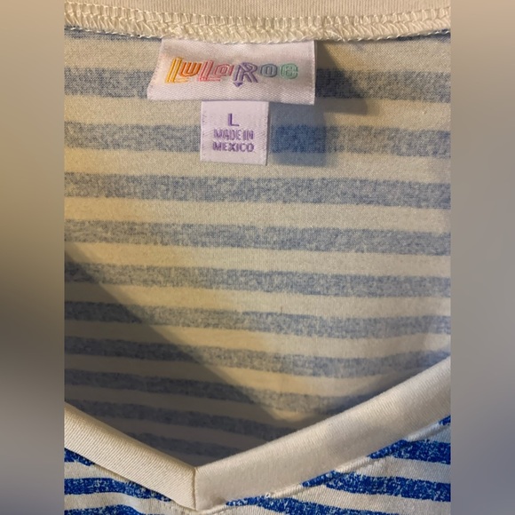Lularoe Iris V-neck Top. Size large with blue and white stripes.Hi-lo. High-low - Picture 3 of 6